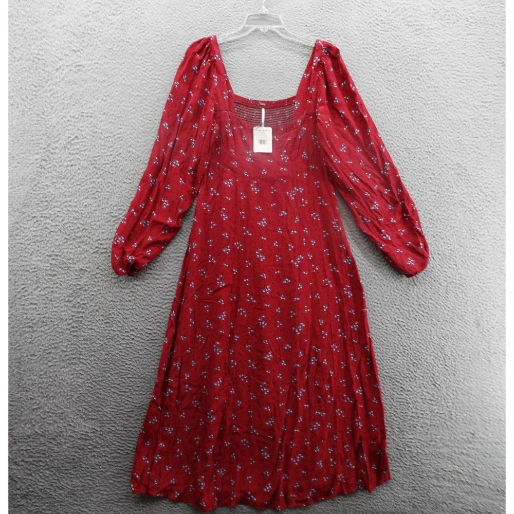 NWT Free People Iris Floral Midi Dress‎ Size Small Wine Red Womens Smocked Boho